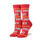 Pair of red crew socks with a repeating pattern of the Cheez-It logo and a yellow and orange diamond pattern.