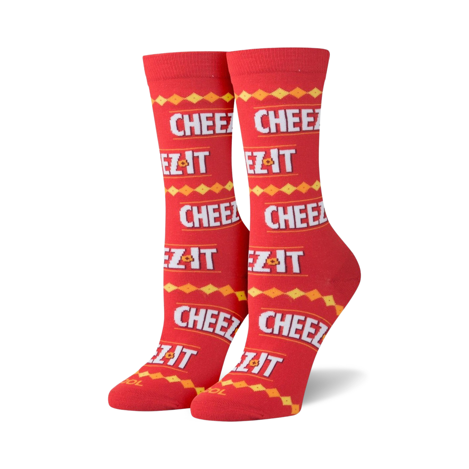 Pair of red crew socks with a repeating pattern of the Cheez-It logo and a yellow and orange diamond pattern.