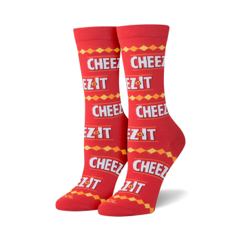 cheez it themed womens crew socks with red, orange and yellow geometric patterns   
