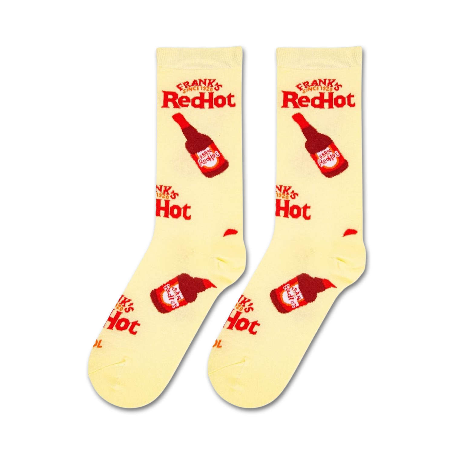 Flatlay showcasing a pair of Frank's RedHot socks on a white background.