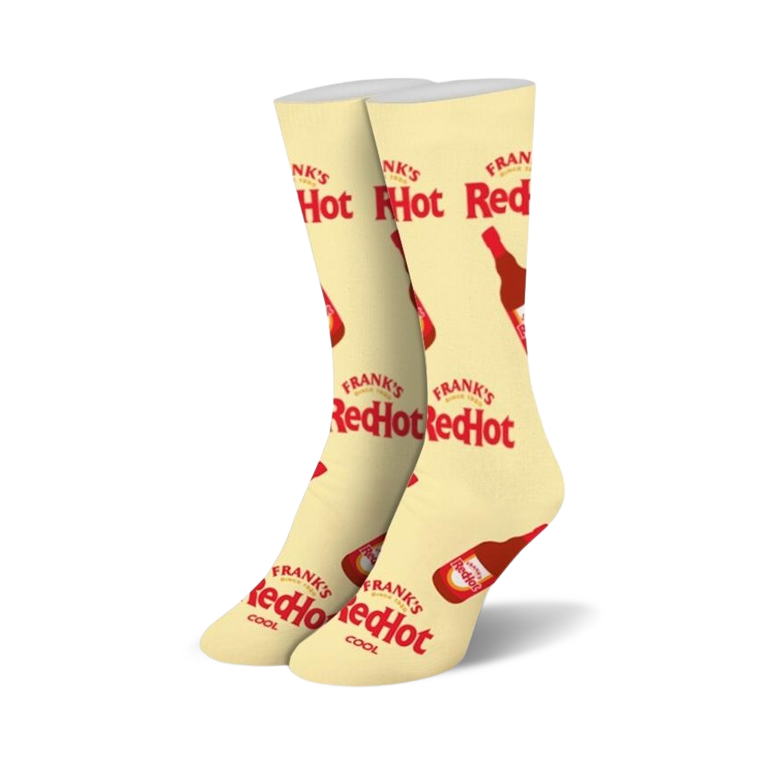 Pair of cream-colored crew socks with repeating Frank's RedHot logo and bottle illustrations. Red and cream color scheme.