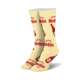 yellow crew socks for women adorned with red & black frank's redhot sauce bottle patterns 