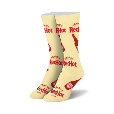 yellow crew socks for women adorned with red & black frank's redhot sauce bottle patterns 