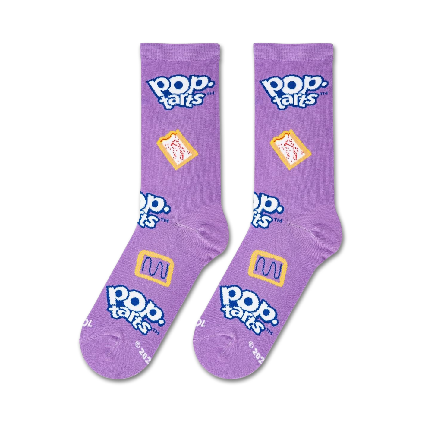 Lifestyle shot showing the Pop-Tarts Wildberry socks on a person's feet.
