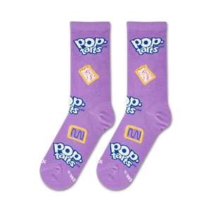 A purple sock with a Pop-Tart design. The sock has a white Pop-Tart logo with blue and yellow text, and a yellow Pop-Tart graphic with blue filling.