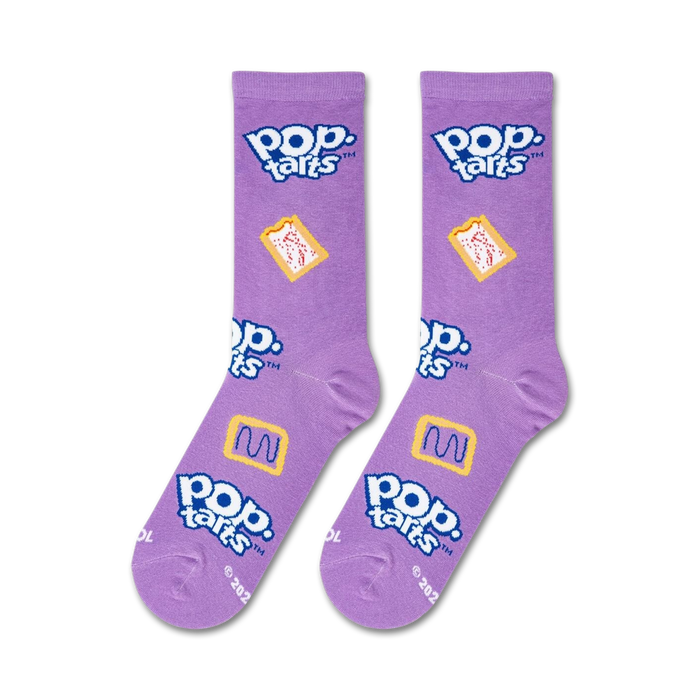 A purple sock with a Pop-Tart design. The sock has a white Pop-Tart logo with blue and yellow text, and a yellow Pop-Tart graphic with blue filling.
