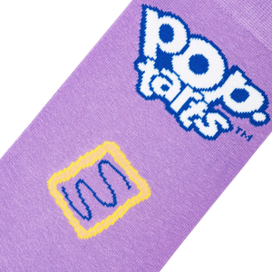 A purple sock with a Pop-Tart design. The sock has a white Pop-Tart logo with blue and yellow text, and a yellow Pop-Tart graphic with blue filling.
