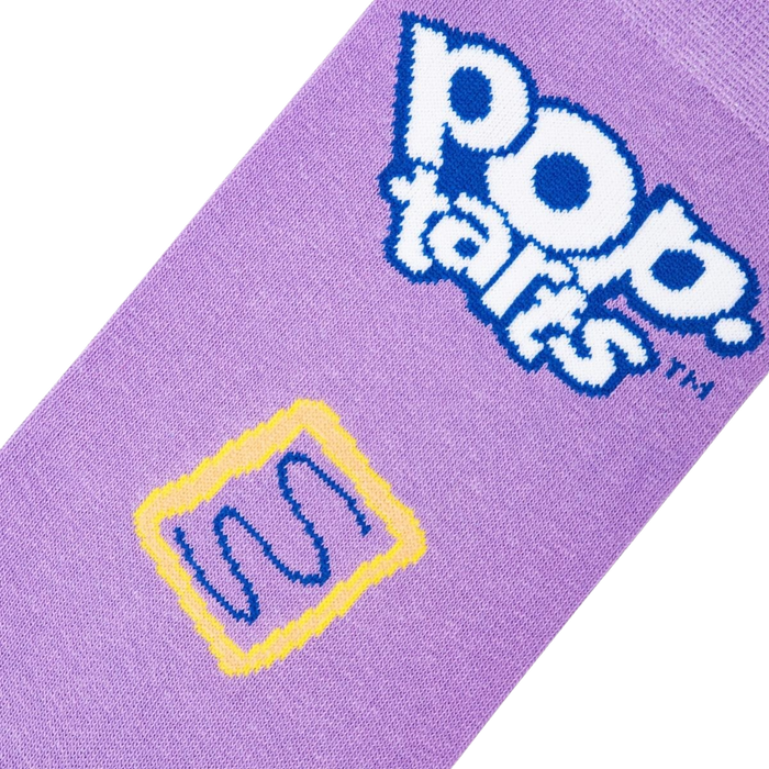 A purple sock with a Pop-Tart design. The sock has a white Pop-Tart logo with blue and yellow text, and a yellow Pop-Tart graphic with blue filling.