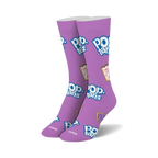 Pair of crew socks in purple with a repeating Pop-Tarts Wildberry pattern. Features the Pop-Tarts logo and Wildberry pastry image.