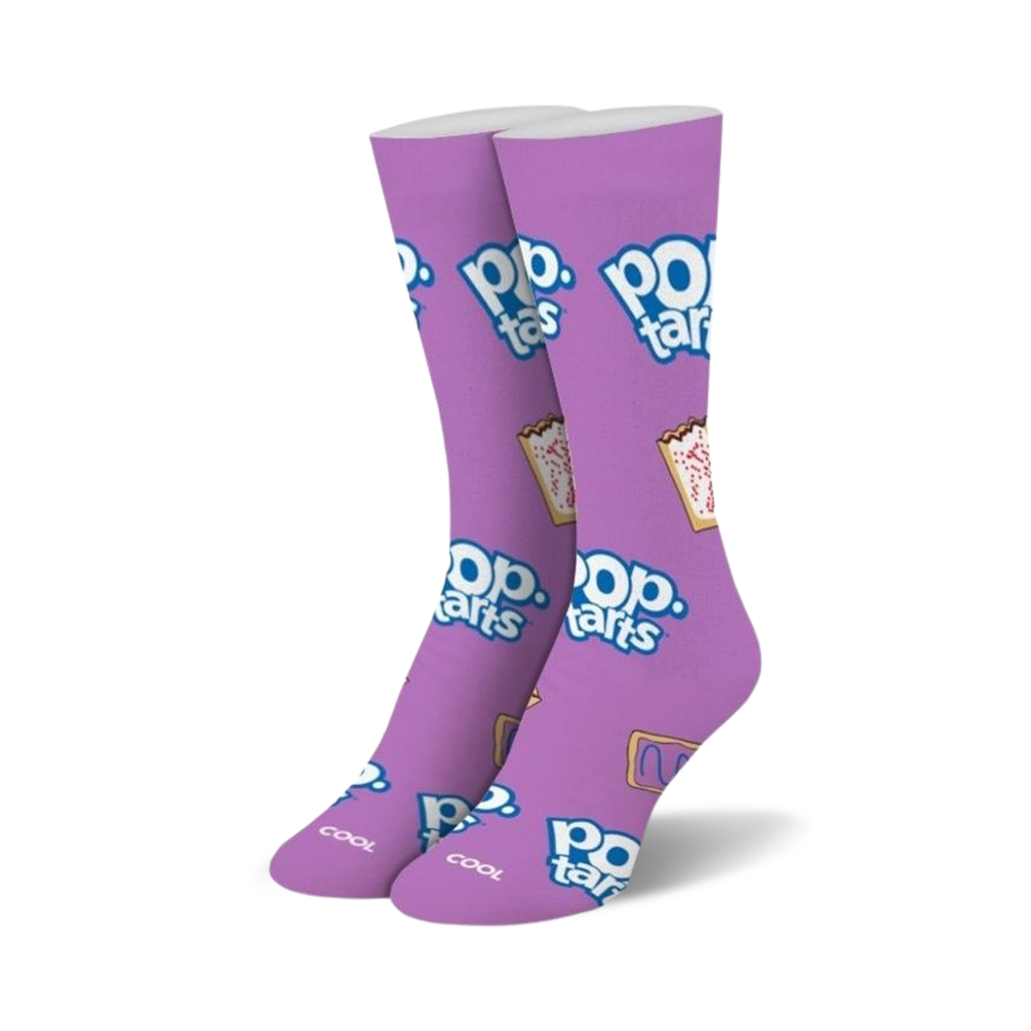 Pair of crew socks in purple with a repeating Pop-Tarts Wildberry pattern. Features the Pop-Tarts logo and Wildberry pastry image.