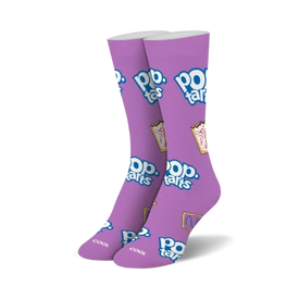 purple crew socks with a fun pattern of pink, blue, and yellow pop-tarts.