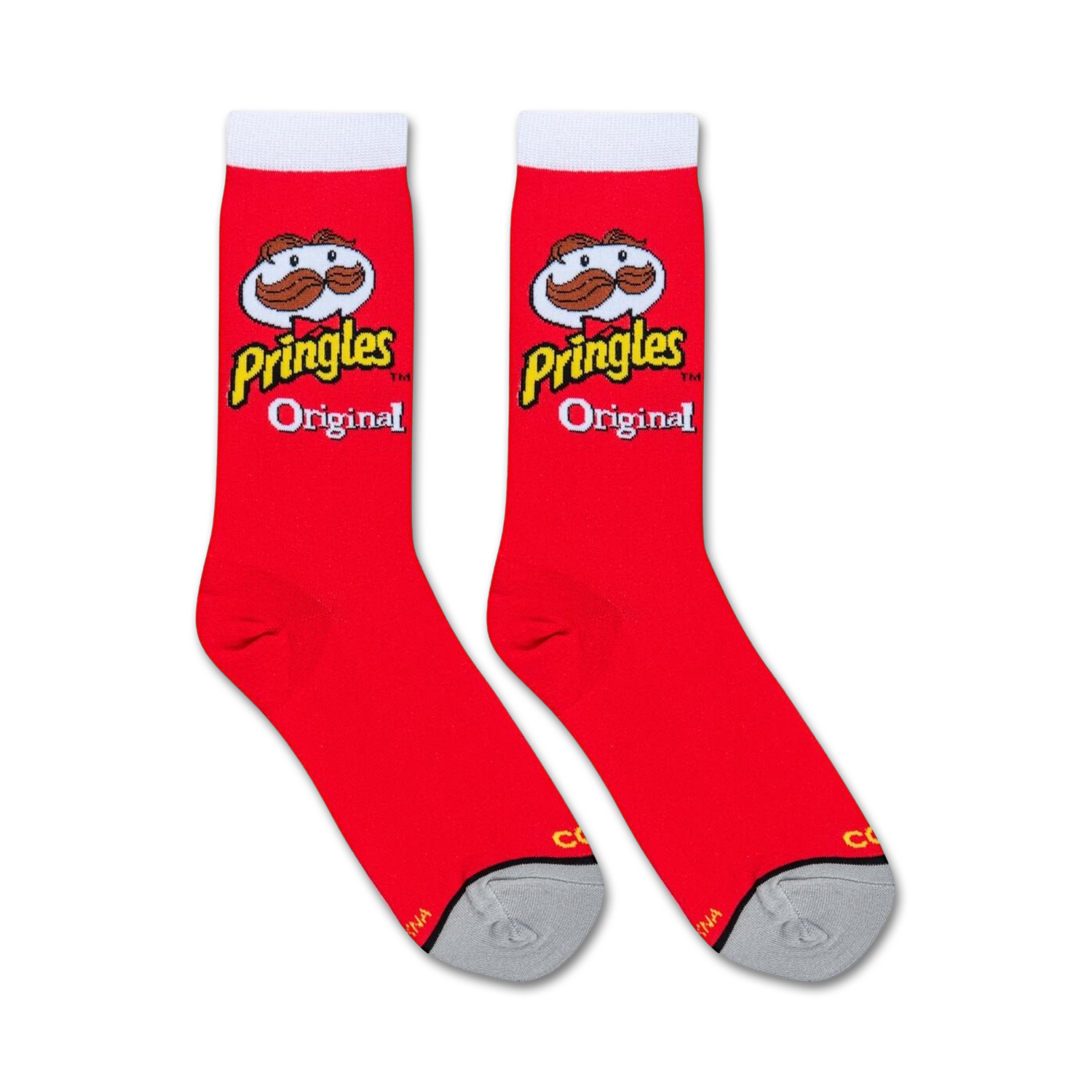 Close-up of two Pringles Original socks; showcasing the full design.