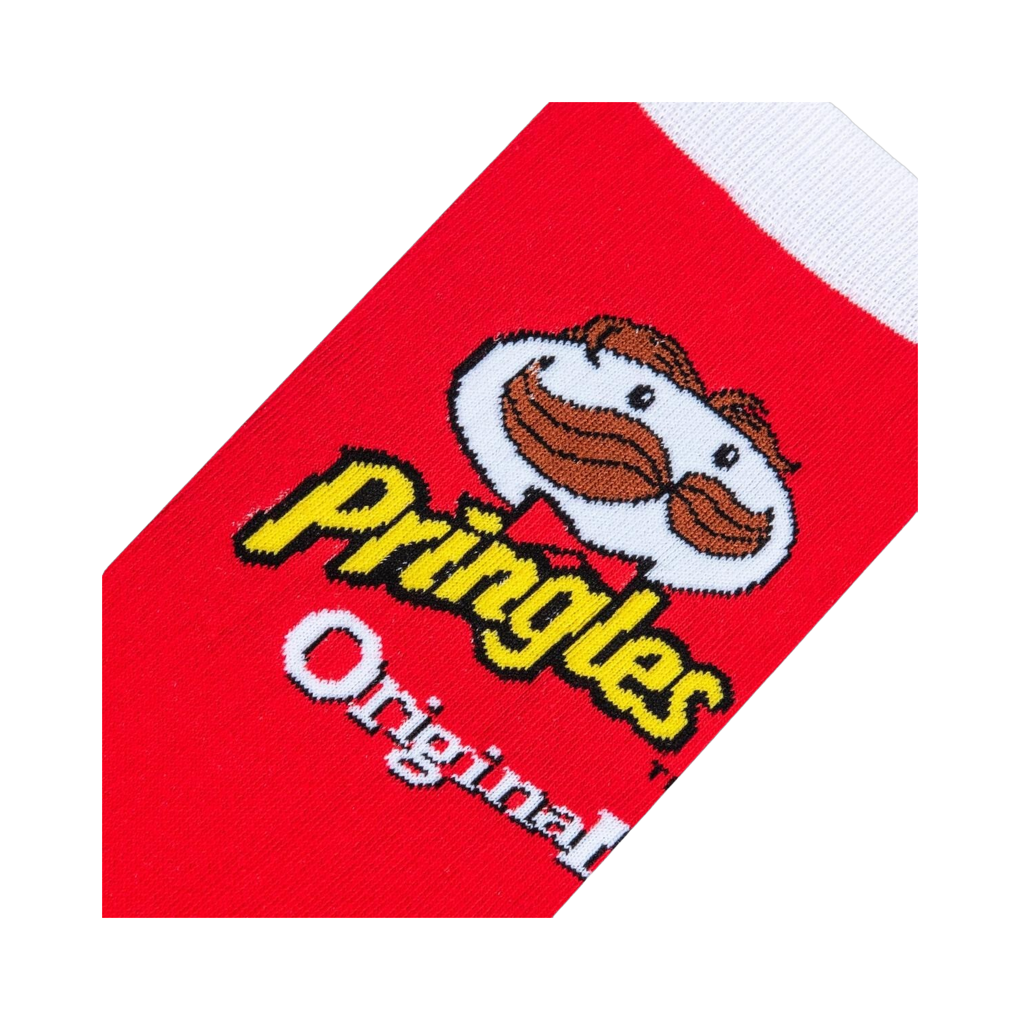 Detailed close-up shot of the Pringles logo and mascot on a sock.