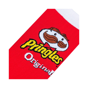 Detailed close-up shot of the Pringles logo and mascot on a sock.