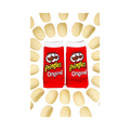 Flat lay product shot: Two Pringles Original socks surrounded by Pringle's potato chips against a black background.