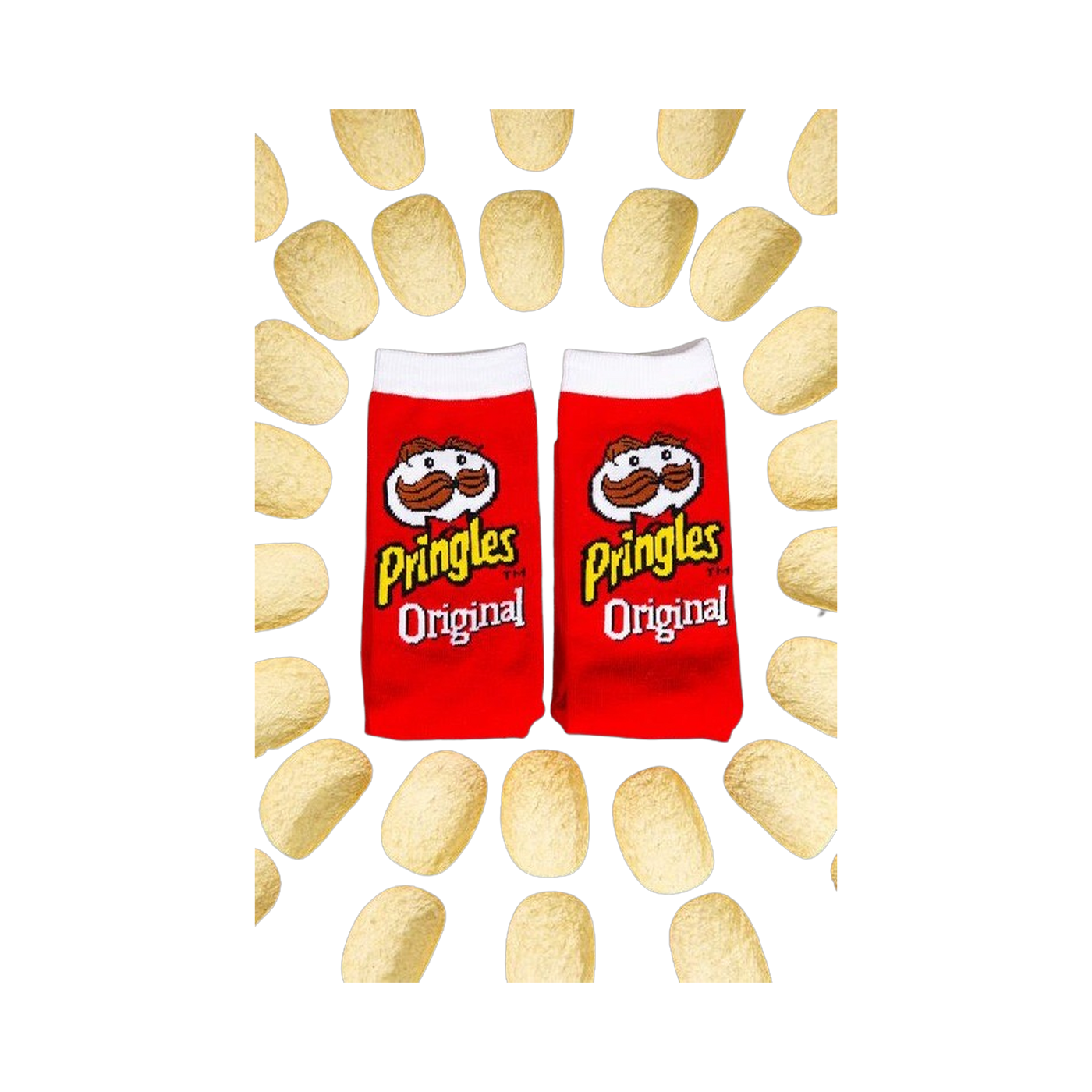 Flat lay product shot: Two Pringles Original socks surrounded by Pringle's potato chips against a black background.