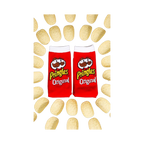 Flat lay product shot: Two Pringles Original socks surrounded by Pringle's potato chips against a black background.