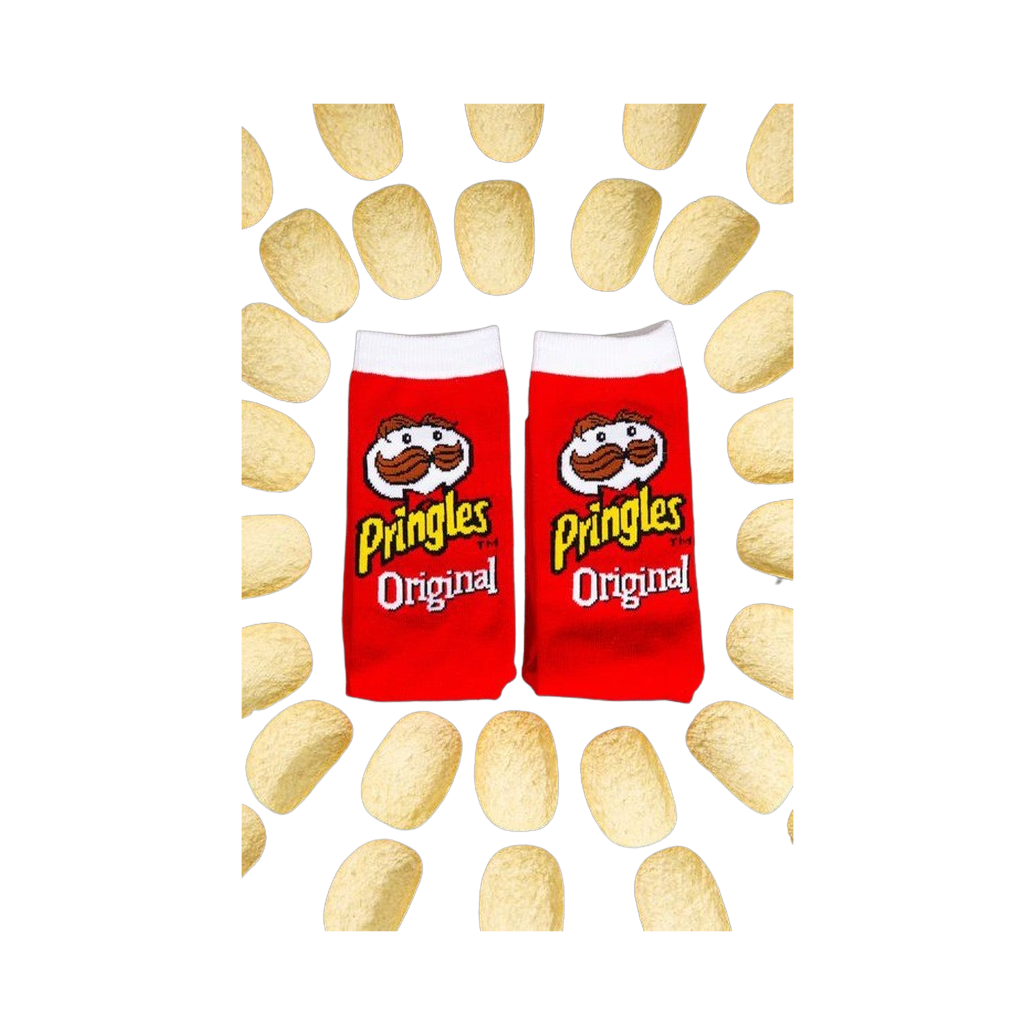 Flat lay product shot: Two Pringles Original socks surrounded by Pringle's potato chips against a black background.
