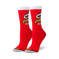 Pair of red crew socks with the Pringles Original logo and mascot. White cuff detail. Fun, quirky design.