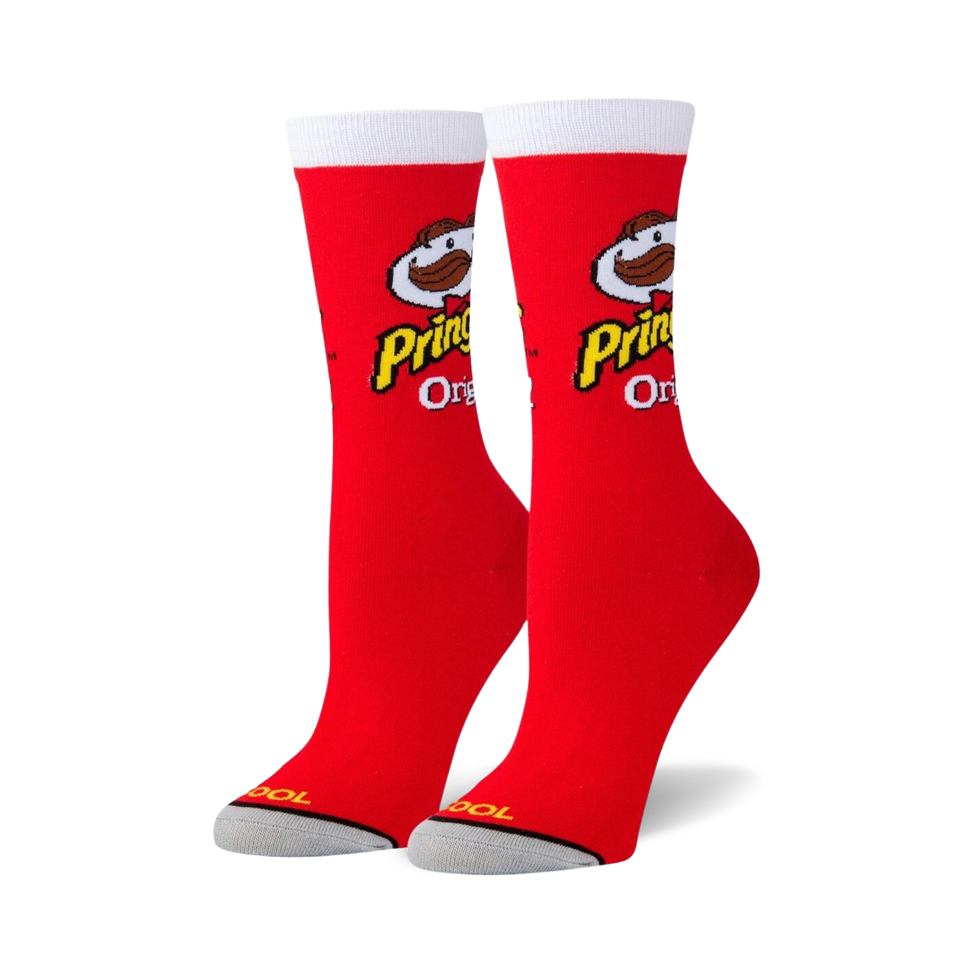 Pair of red crew socks with the Pringles Original logo and mascot. White cuff detail. Fun, quirky design.