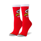 Pair of red crew socks with the Pringles Original logo and mascot. White cuff detail. Fun, quirky design.