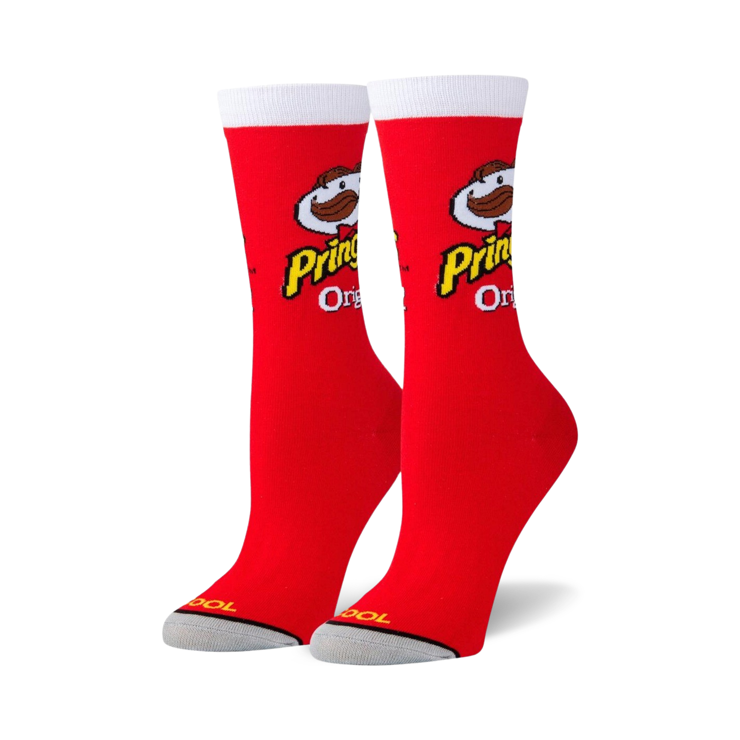 Pair of red crew socks with the Pringles Original logo and mascot. White cuff detail. Fun, quirky design.