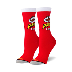 crew length red socks with pringles logo and mascot julius pringles.   