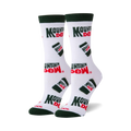 Pair of white crew socks with a repeating pattern of green Mountain Dew cans and logo. Red and green accents.
