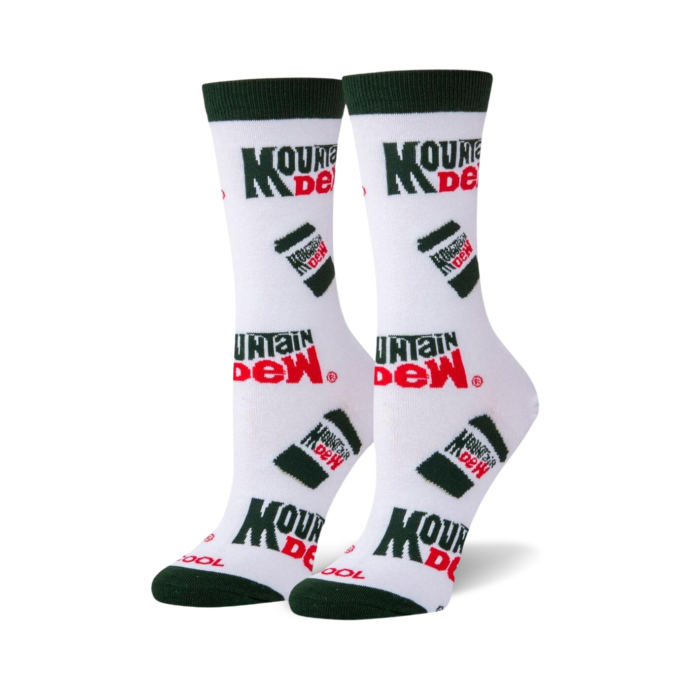 Pair of white crew socks with a repeating pattern of green Mountain Dew cans and logo. Red and green accents.