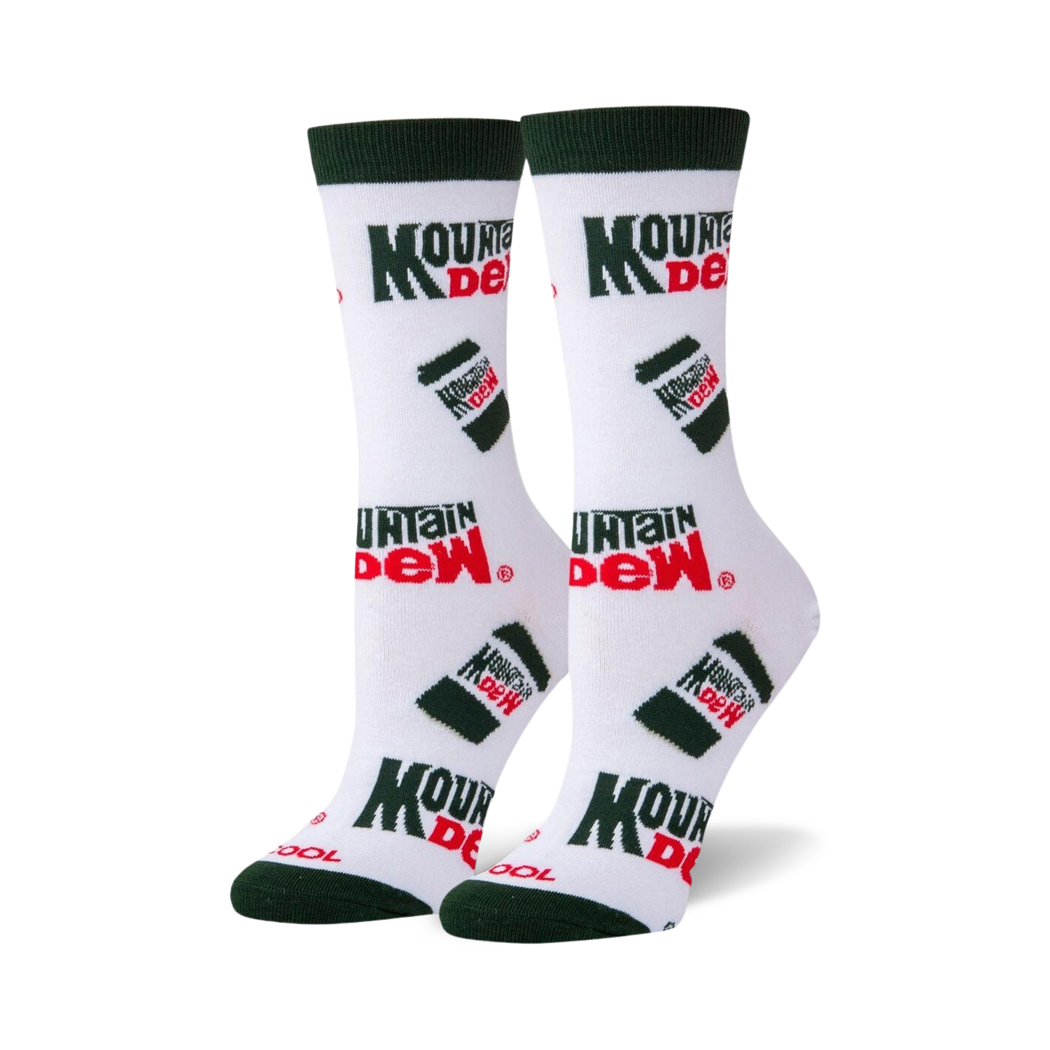 Pair of white crew socks with a repeating pattern of green Mountain Dew cans and logo. Red and green accents.