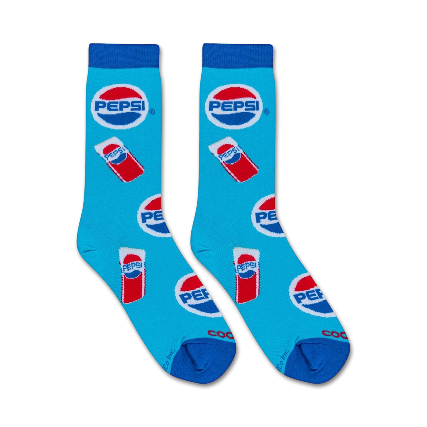 Flatlay showcasing a pair of Pepsi Can socks on a white background. 