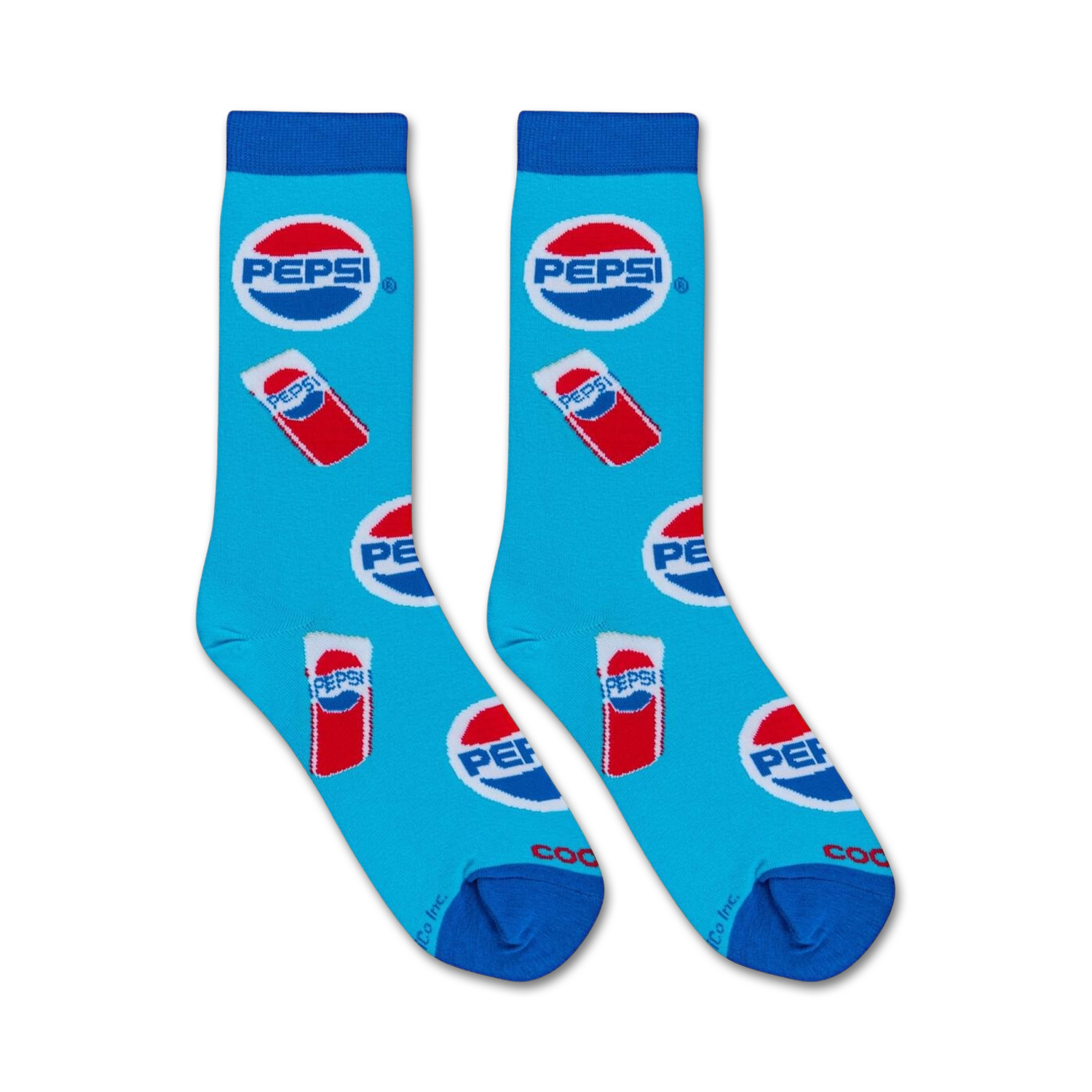 Flatlay showcasing a pair of Pepsi Can socks on a white background. 