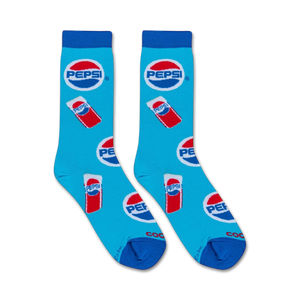 A blue sock with a white toe and heel. There is a red and white Pepsi logo on the leg of the sock and a red and white Pepsi can graphic below it.