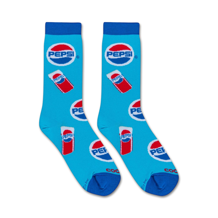 A blue sock with a white toe and heel. There is a red and white Pepsi logo on the leg of the sock and a red and white Pepsi can graphic below it.