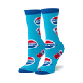 Pair of crew socks in bright blue with repeated Pepsi logo and can graphics.  Red, white, and blue colors.