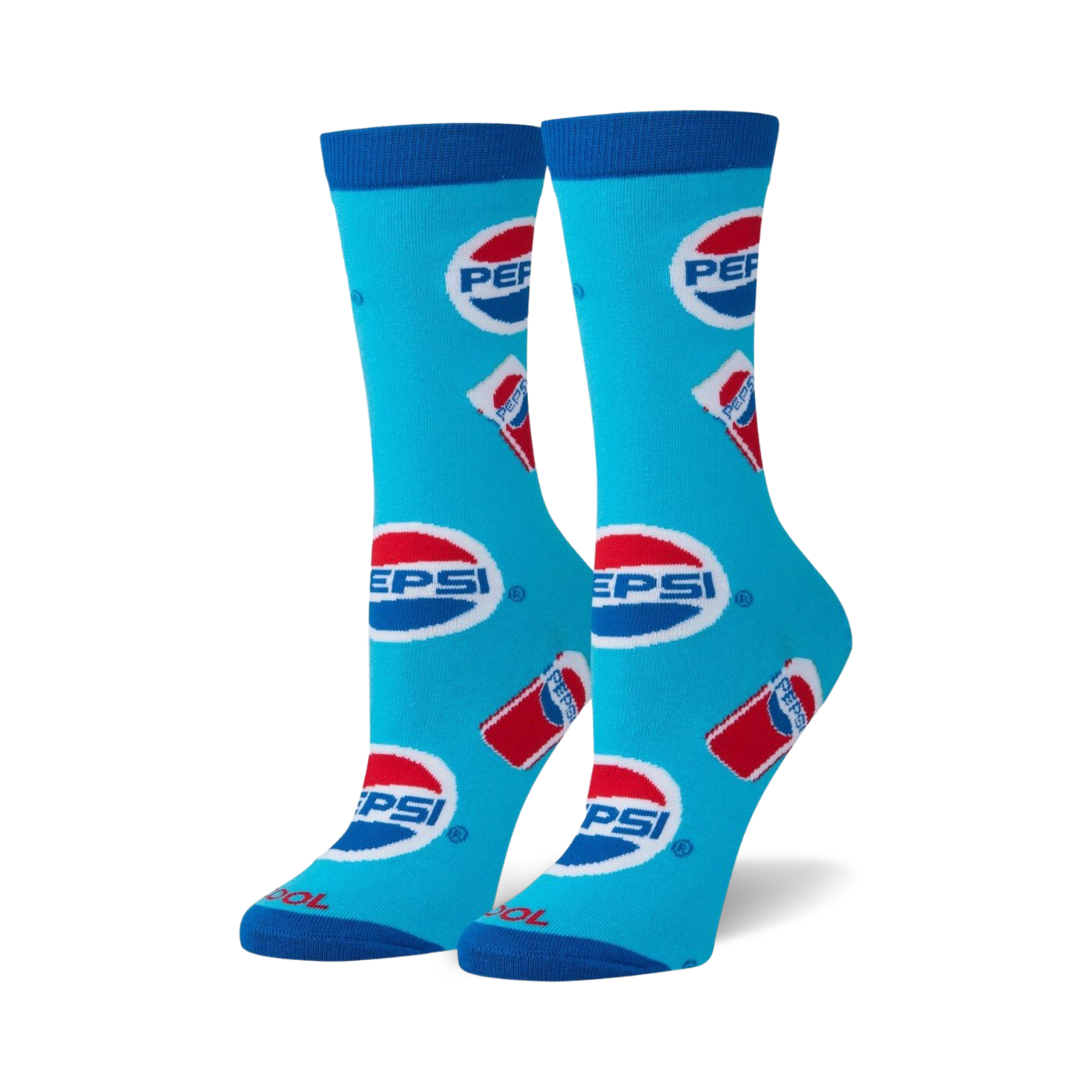 Pair of crew socks in bright blue with repeated Pepsi logo and can graphics.  Red, white, and blue colors.