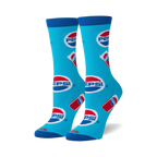 Pair of crew socks in bright blue with repeated Pepsi logo and can graphics.  Red, white, and blue colors.