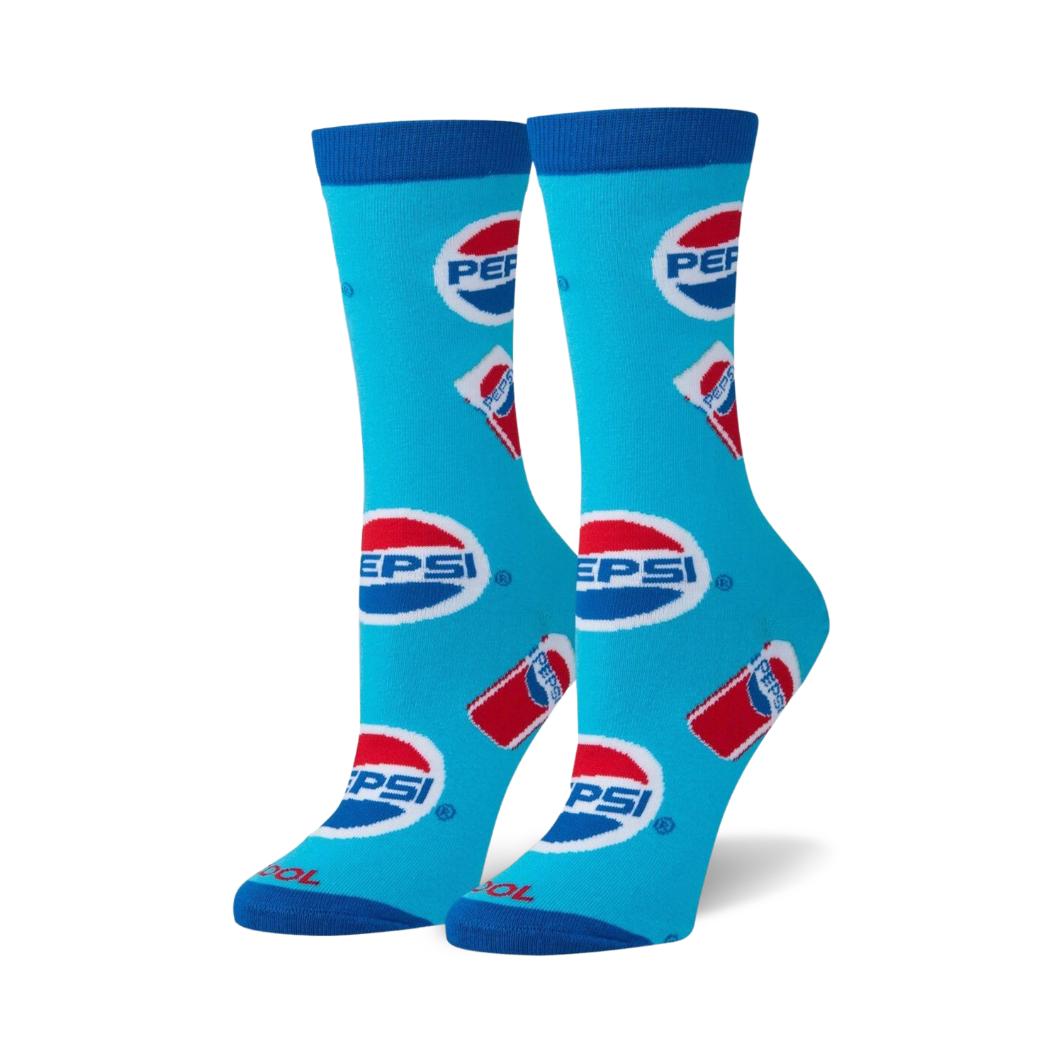 Pair of crew socks in bright blue with repeated Pepsi logo and can graphics.  Red, white, and blue colors.