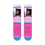 Flat lay showcasing a pair of Cry-Baby crew socks, highlighting the full sock design and color scheme.