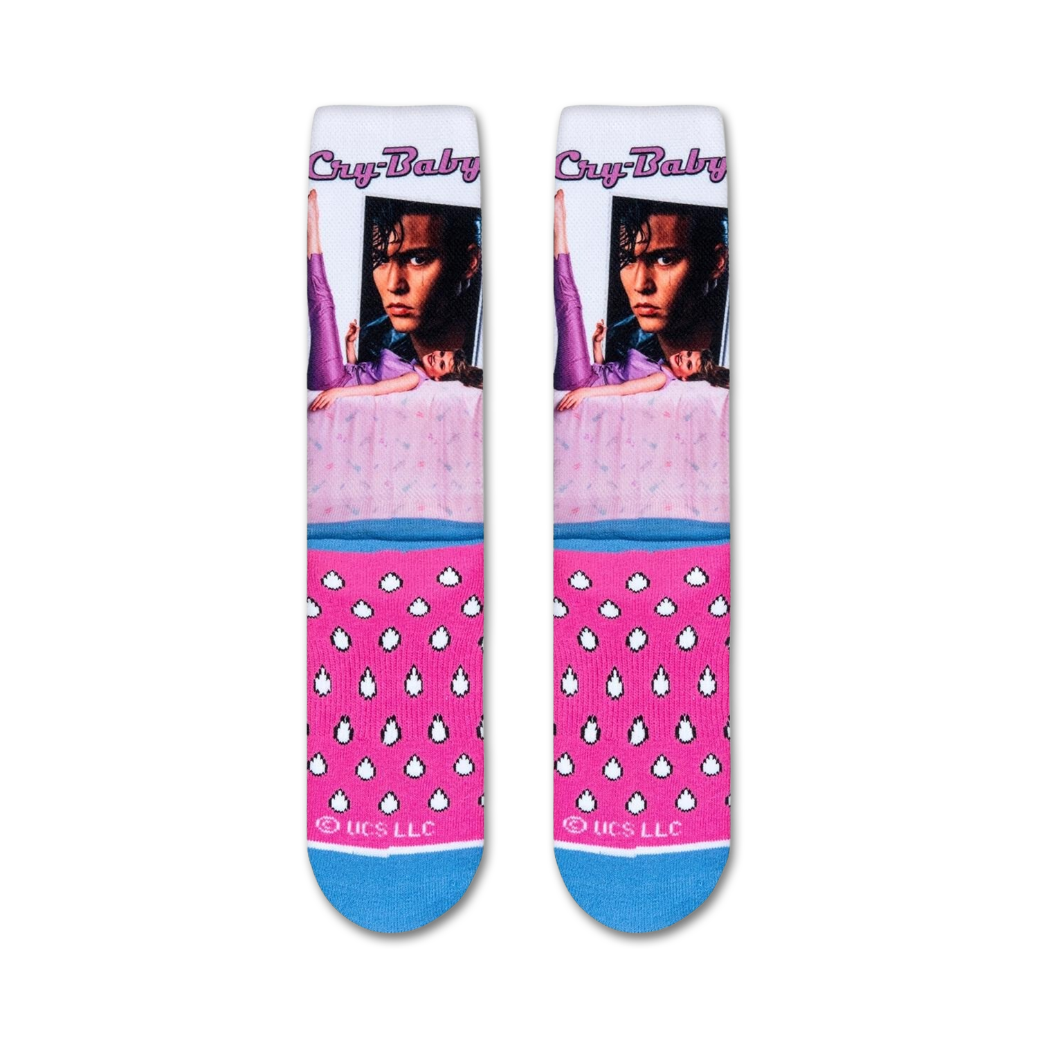 Flat lay showcasing a pair of Cry-Baby crew socks, highlighting the full sock design and color scheme.