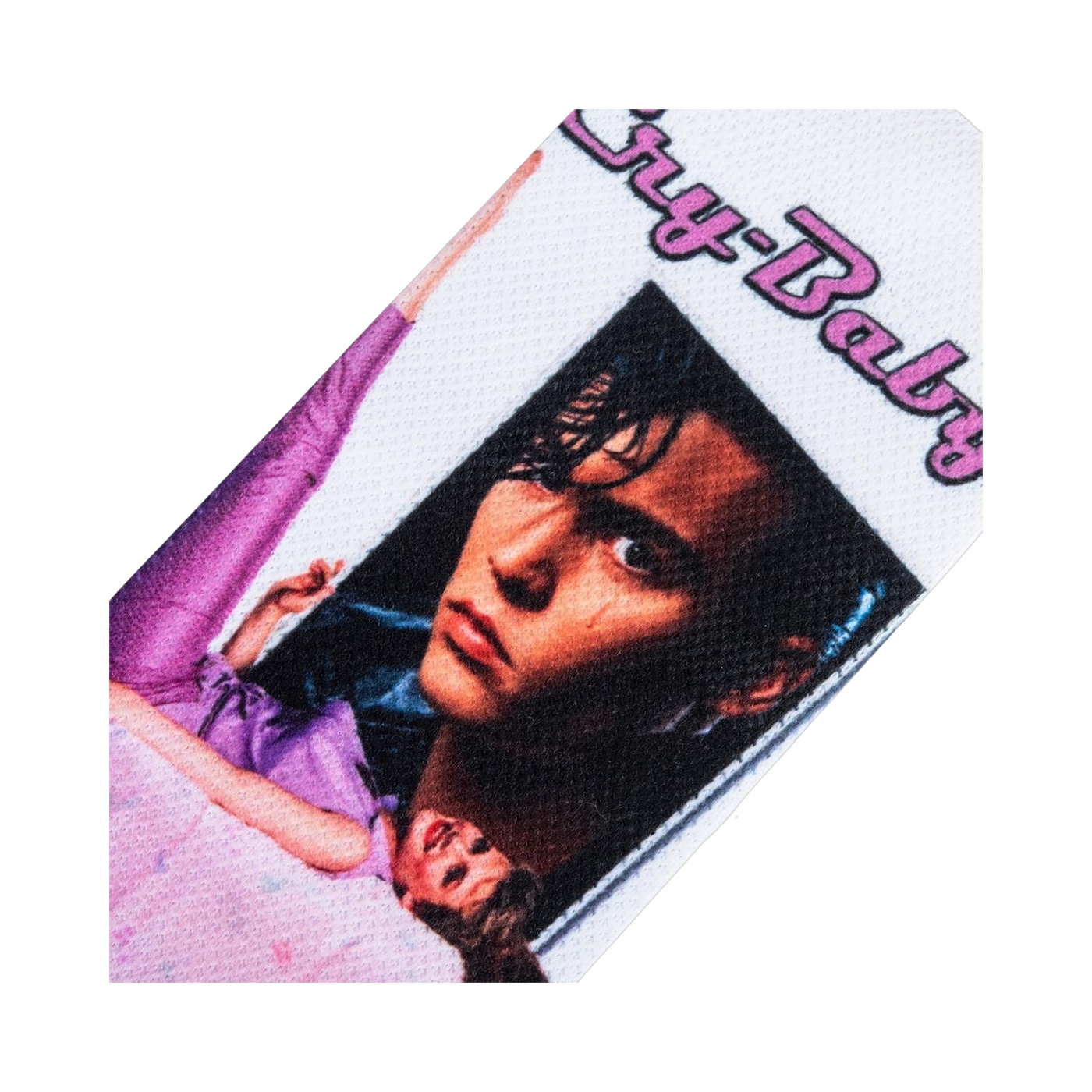 Close-up detail shot of the Cry-Baby socks, focusing on Johnny Depp's face from the movie poster on the sock.
