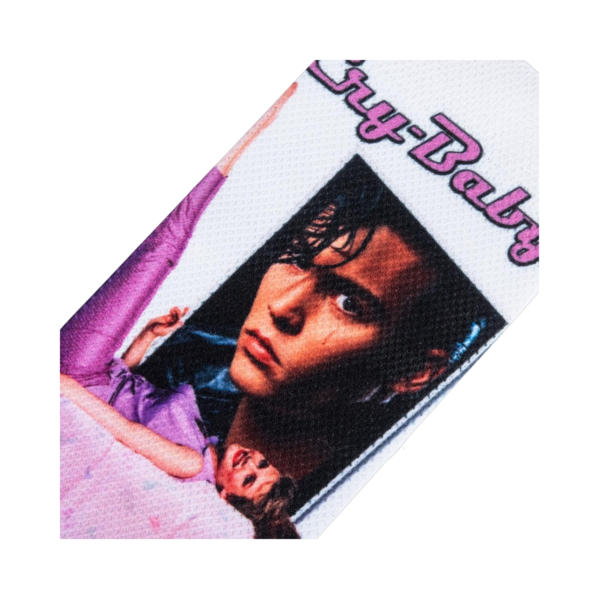 Close-up detail shot of the Cry-Baby socks, focusing on Johnny Depp's face from the movie poster on the sock.