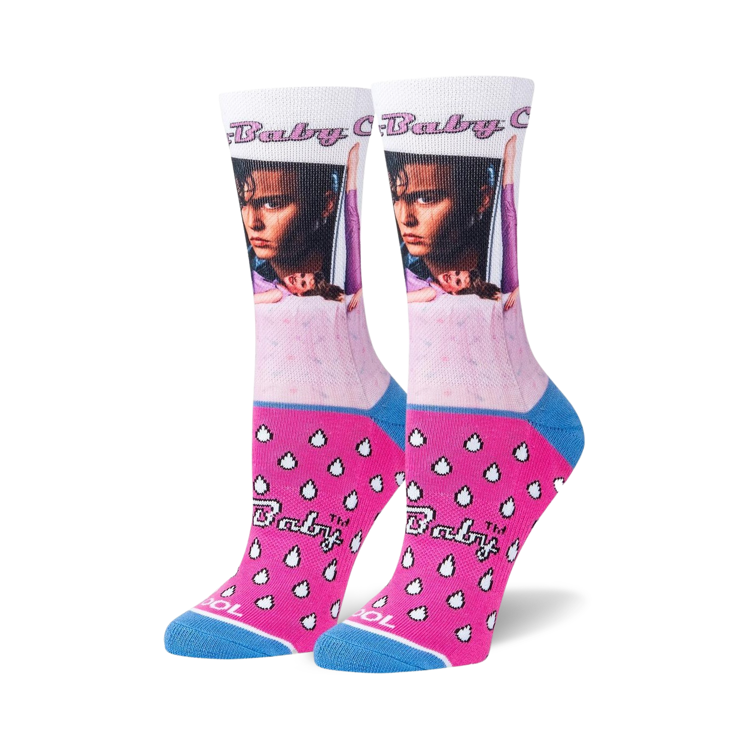 Pair of women's crew socks. Primarily white with pink and blue accents. Features Johnny Depp's Cry-Baby image and a pink teardrop pattern.