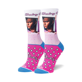 pink and white women's crew socks with raindrops and a crying man. fun casual socks.   