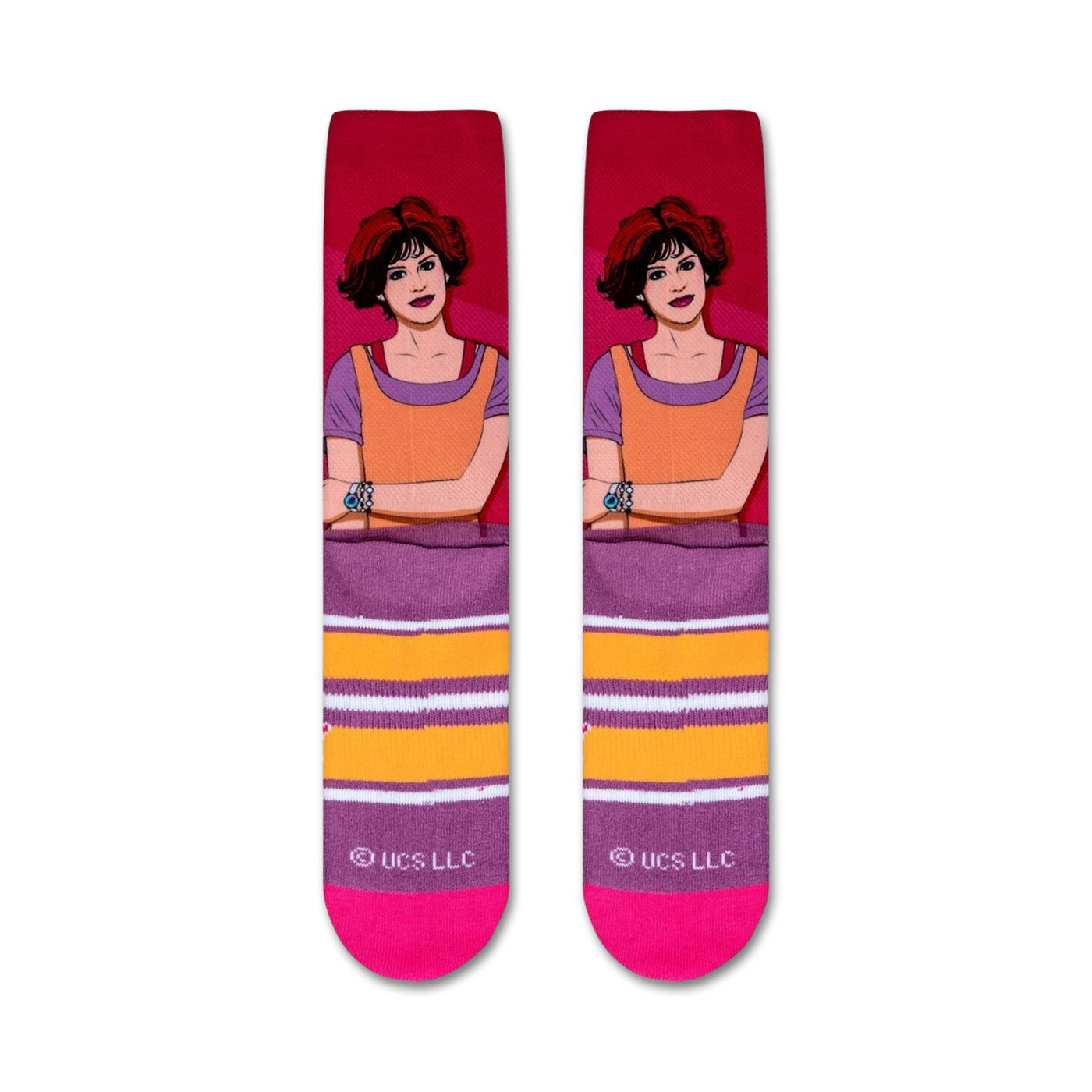 Flat lay product shot of Sixteen Candles socks showcasing the full design and colors.