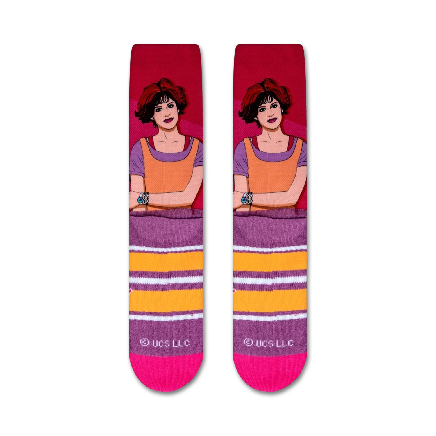 Flat lay product shot of Sixteen Candles socks showcasing the full design and colors.