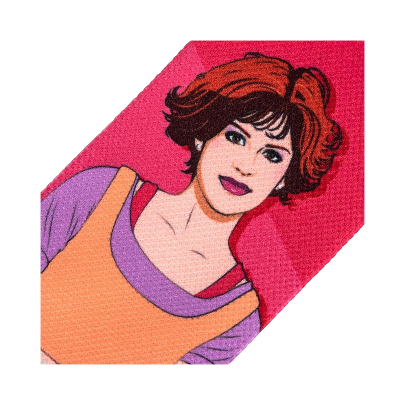 Close-up detail shot of Samantha Baker's portrait on the Sixteen Candles socks.