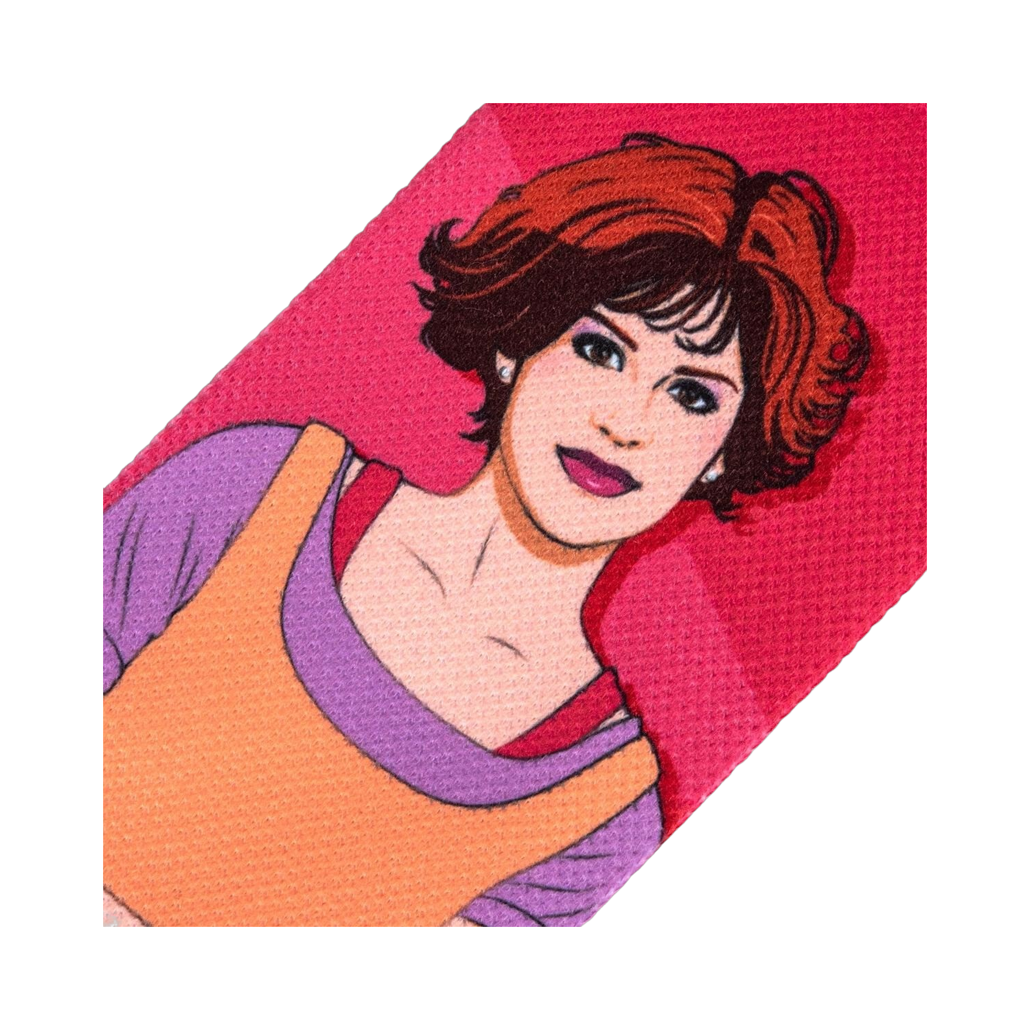 Close-up detail shot of Samantha Baker's portrait on the Sixteen Candles socks.