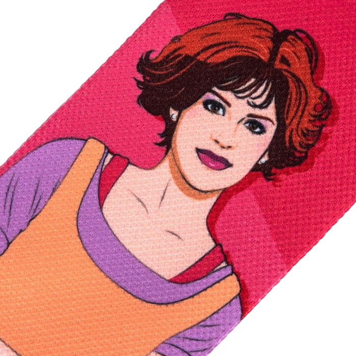 A drawing of a young woman with brown hair and purple eyeshadow against a pink background. She is wearing an orange shirt with a purple collar.