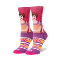 Crew socks in pink, purple, and orange, featuring a graphic portrait of Samantha Baker from Sixteen Candles and horizontal stripes.